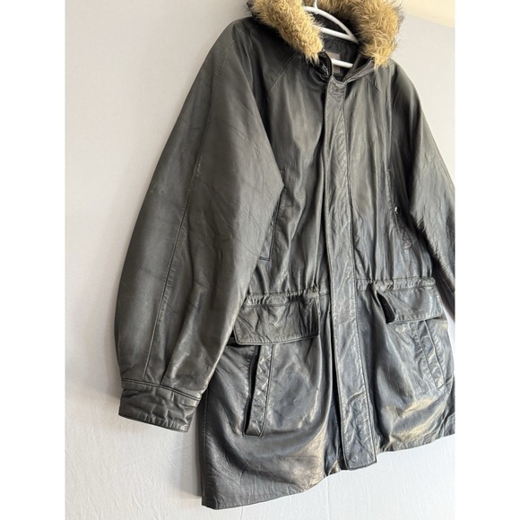 Vintage Wilsons Black Leather Coat Mens Medium Hooded Faux Fur Trim Quilted Y2K - Picture 13 of 13